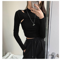 Hollow Knitted Crop Tops Women Fake Two-piece T-shirt Long Sleeve Tops