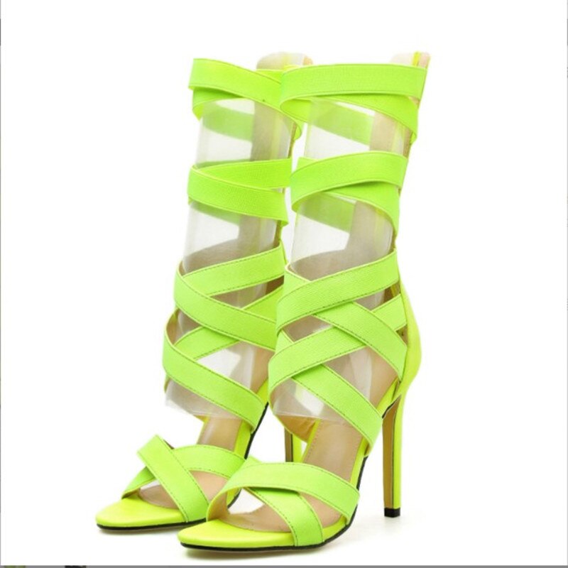 Autumn Fashion Fluorescent green Stretch Fabric Zipper Women Sandals Peep Toe High Heels Hollow Out Ankle Boots Sandals