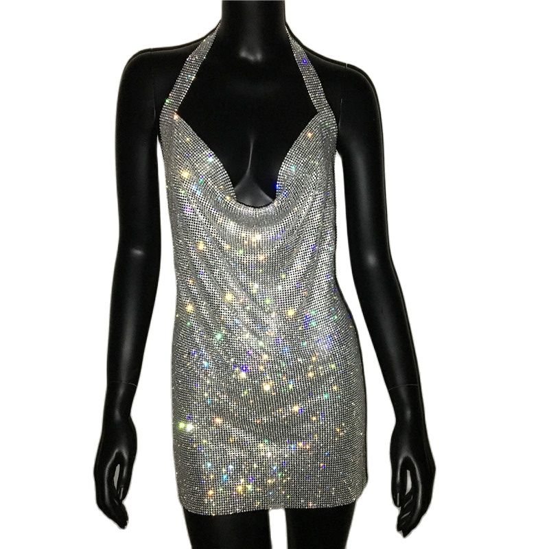 2022 NEW Sexy Deep V Neck Crystal Dress Women Luxury Rhinestone Halter Dance Party Diamante Backless Split Mini Dresses