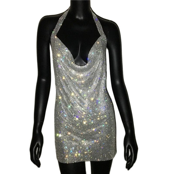 2022 NEW Sexy Deep V Neck Crystal Dress Women Luxury Rhinestone Halter Dance Party Diamante Backless Split Mini Dresses