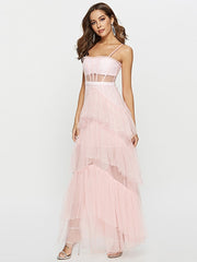 Formal Dresses For Women Perspective Mesh Yarn Slim Sling Trumpet Dress Sexy Layer Ruffles Design One Piece Ladies Female Cloth