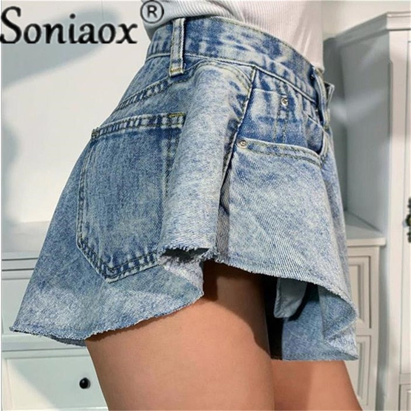 Ripped Denim Shorts Sexy High Waist Ruffle Hem Loose Ruched