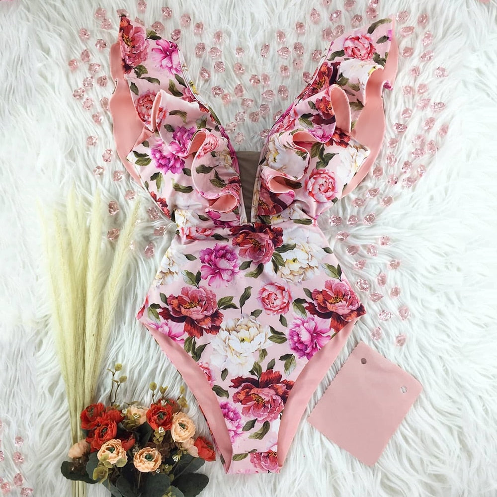 Ruffle Print One Piece Swimsuit Off The Shoulder Solid Deep-V Bathing Suit
