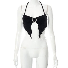 BOOFEENAA Sexy Black Crop Top Summer Clothes for Women Irregular Rhinestone O Ring Bralette Halter Top Camisole C85-AH10