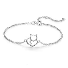 BAMOER 100% 925 Sterling Silver Cat And Heart Link Chain Bracelets &amp; Bangles for Women Authentic Silver Jewelry Gift SCB102
