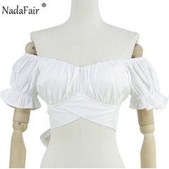 Nadafair Blouse Women 2020 Summer Off Shoulder Tops Puff Sleeve Bow Tied Beach Short Sleeve Backless Sexy Crop Top Women White