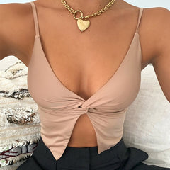 Articat White Spaghetti Strap Twist Crop Top Camisoles For Women Summer V-neck Backless Tank Top Femme Slim Cropped Top 2021 New