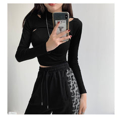 Hollow Knitted Crop Tops Women Fake Two-piece T-shirt Long Sleeve Tops