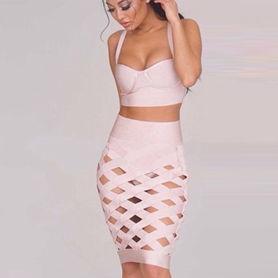 Adyce 2022 New Summer Women Pink Hollow Out Bandage 2 Two Pieces Sets Sexy Spaghetti Strap Tops&amp; Skirt Club Party Outwear Sets