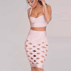 Adyce 2022 New Summer Women Pink Hollow Out Bandage 2 Two Pieces Sets Sexy Spaghetti Strap Tops&amp; Skirt Club Party Outwear Sets