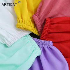Articat Sexy Off Shoulder Backless Bow Tie Crop Tops Women V Neck Ruffles Sleeve Mini T Shirts Summer Street Tees Casual Beach