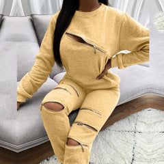 Fashion New Zipper Hollow Out Two-Piece Set Long Pant Ladies Streetwear Suits