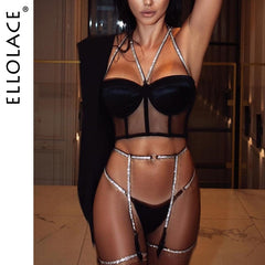 Ellolace Lingerie Sequin Lingerie Set Sexy Push up Bra 3 Piece Set Padded Women&#39;s Underwear Set Bra and Thong Sexy Lingerie