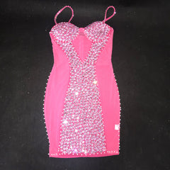 Glisten Pearls Silver Stones Mesh Dress Women Singer Stage Wear Transparent Evening Birthday Party Sexy Short Dress