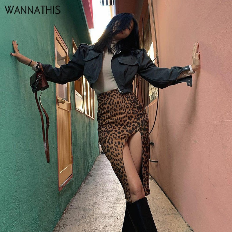 WannaThis Women&#39;s Skirt Slim High Waist Hem Split Package Hip Casual Elegant Leopard Knee-Length Skirt Women Summer Streetwear