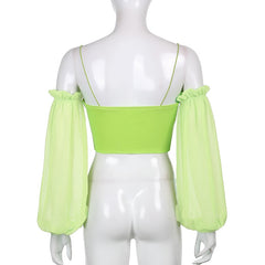 Darlingaga Fashion V Neck Off Shoulder Sexy Mesh Shirt Ladies Skinny Strap Wrap Cropped Tops Chic Summer Blouses Party Clothes