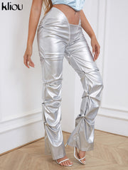 Kliou Faux PU Leather Women Pants Hipster Solid Shiny High Street Irregular Shape Folds Clothing Elastic Waist Female Streetwear