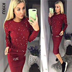Women Two Piece Warm Set O-Neck Pearl Beading Knitted Pullover  Pencil Skirt Women Elegant 2 Piece Suits