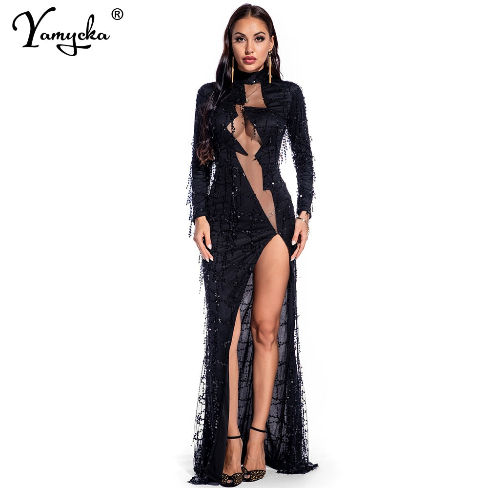 Evadne Sheer Sequin Turtleneck Maxi Dress