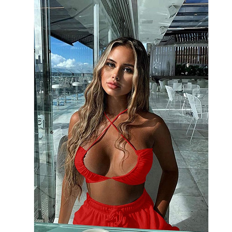 Criss Cross Lace Up Sling Basic Bow Tie Crop Top