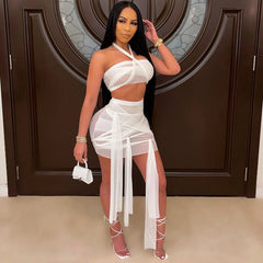 Mesh Sexy Two Piece Bandage Skirt Set for Women Crop Top Mini Skirts Set Club Party Summer 2 Piece Set Women Festival Clothing