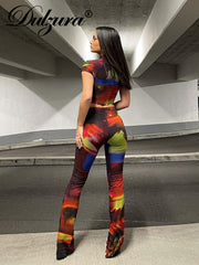 Dulzura Tie Dye Print Women 2 Pieces Short Sleeve Hollow Out Corset Crop Top Flare Pants Set Y2K Tracksuit 2022 Outfits