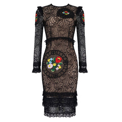 2022 New Women&#39;s Celebrity Club Party Dress Vestidos Graceful Floral Embroidery Long Sleeves Ruffles Lace  Bandage Midi Dress