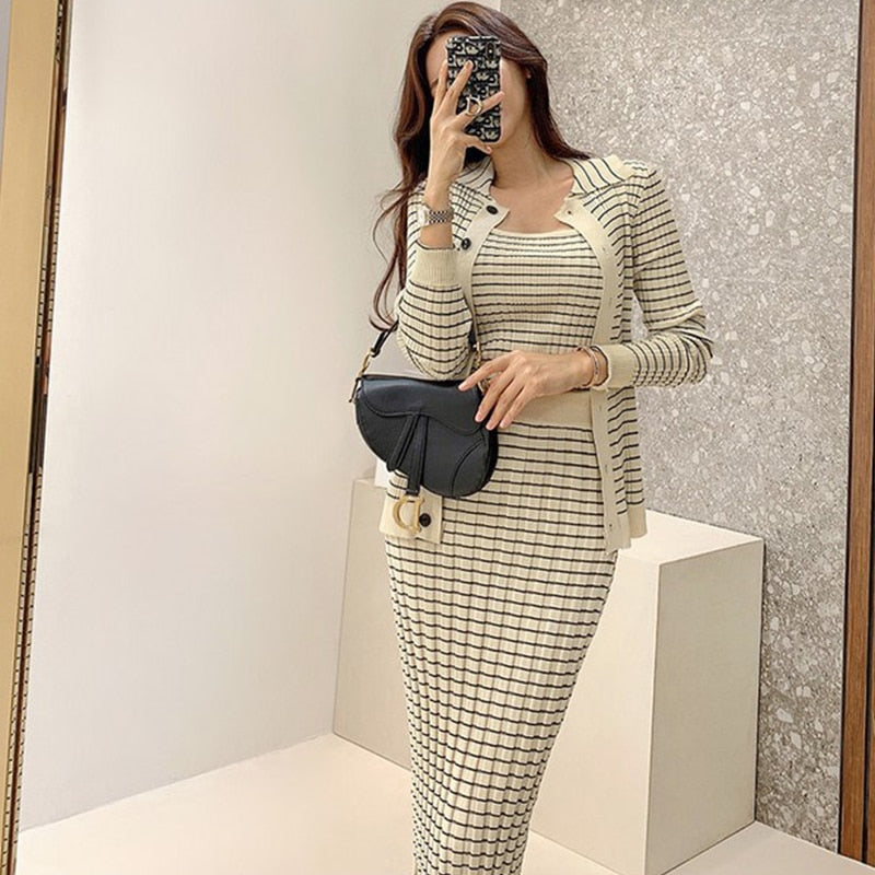 Knitting 3 Pieces Set Women Knitted Sling + Cardigan And Pencil Skirts