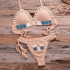 Blue Shell Beaded Bikinis Set Handmade Crochet