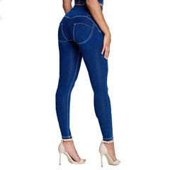 Melody Four Ways Stretchable High Waist Leggings 4 Buttons Fly Dark Blue Push Up Denim Jeggings Sexy Leggings For Women