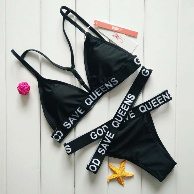 God Save Queens Letter Print Bikini Set Women Swimsuit Cross Strappy Bandage Bathing Suit S-XL Paded Swimwear Brazilian Monokini