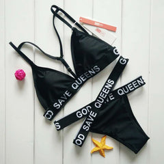God Save Queens Letter Print Bikini Set Women Swimsuit Cross Strappy Bandage Bathing Suit S-XL Paded Swimwear Brazilian Monokini
