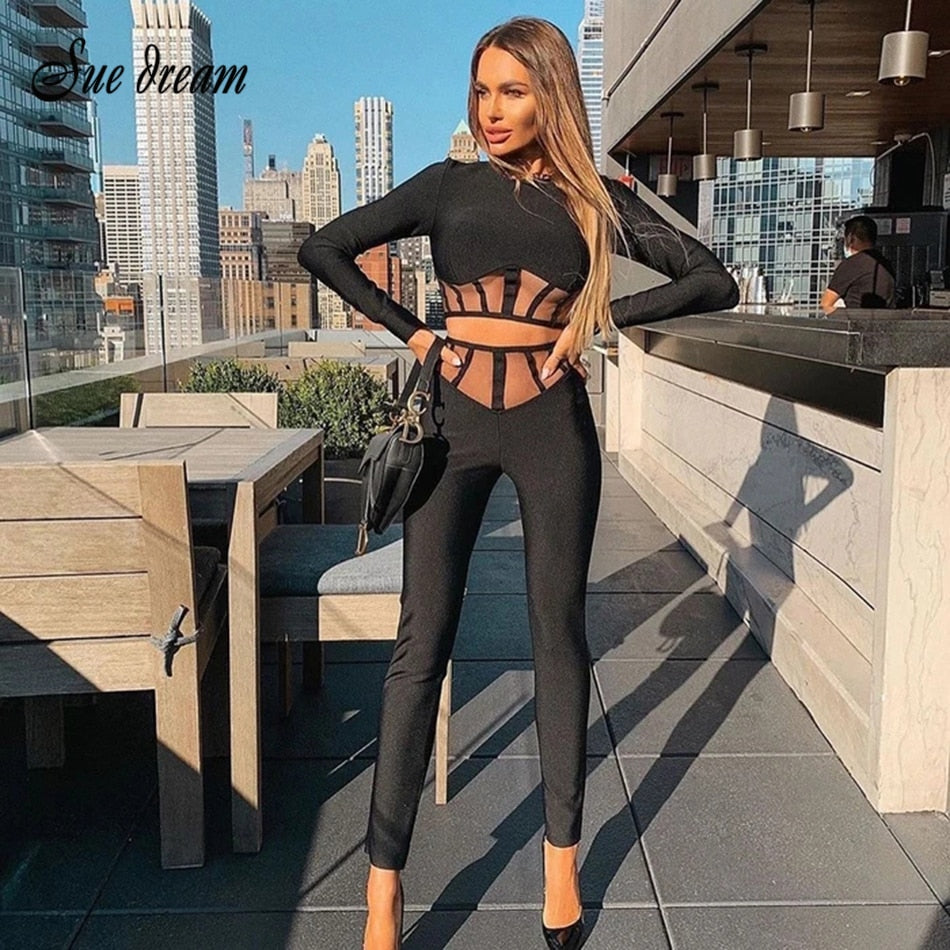 2021 Summer New Women&#39;s 2 Two-piece Set Black Sexy Long Sleeve Mesh Tight Bandage Set Party Celebrity Bandage Crop Top Pants