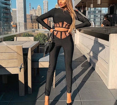 Two-piece Set Black Sexy Long Sleeve Mesh Tight Bandage Set