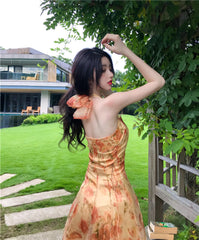 Women Midi Floral Halter Slip Dress Summer 2022 Vintage Painting Flowers Backless Casual Party Night Vacation Runway Vestidos