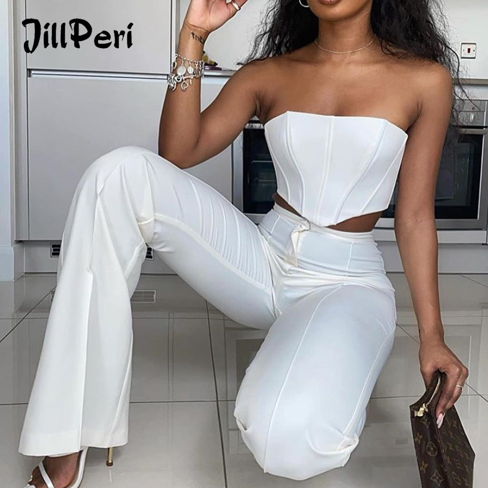 JillPeri Strapless Corset Crop Top and Flare Pants Sets Solid High Waist Women Sexy Outfit Elegant Casual Legging 2 Piece Set