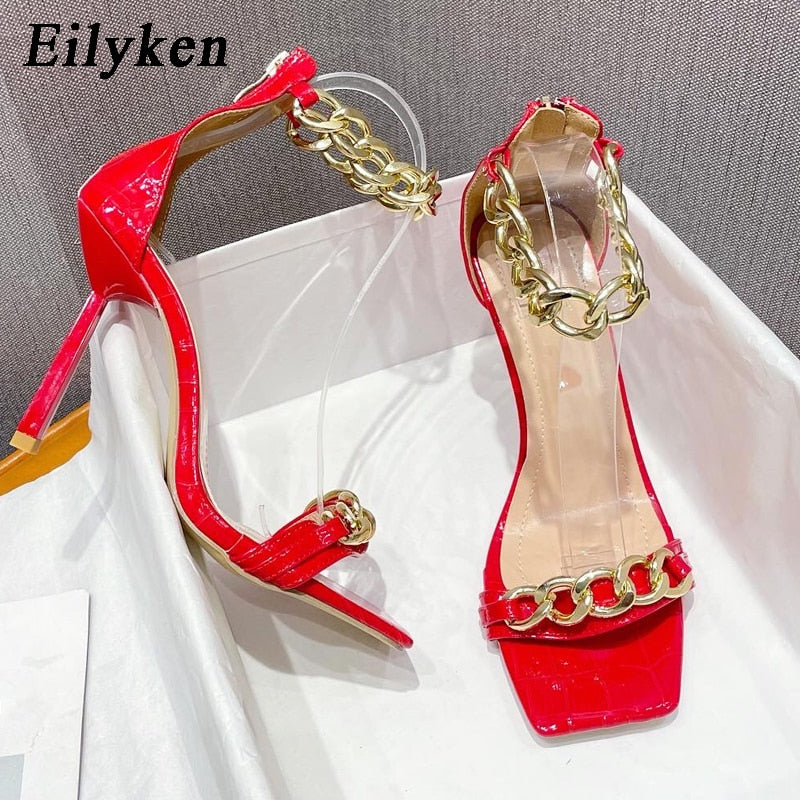 Eilyken New Women Sandals Summer Square Toe Thin High Heels Female Fashion Chain Designer Strap Party Dress Shoes Size 41 Green