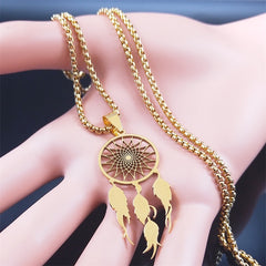 Feather Dream Catcher Stainless Steel Chain Necklaces Gold Color Long Necklaces Boho Jewelry sautoir femme long bohème N7021S01