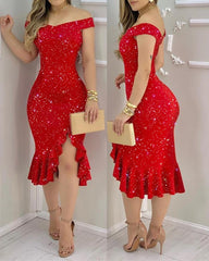 Women Sexy Shiny Rhinestone Embellished Off Shoulder Bodycon Dress