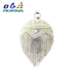 DG PEAFLOW Round Circular Gold Diamond Tassel Bridal  Women Evening Party Crystal Clutch Bag Wedding Wristlets Purse
