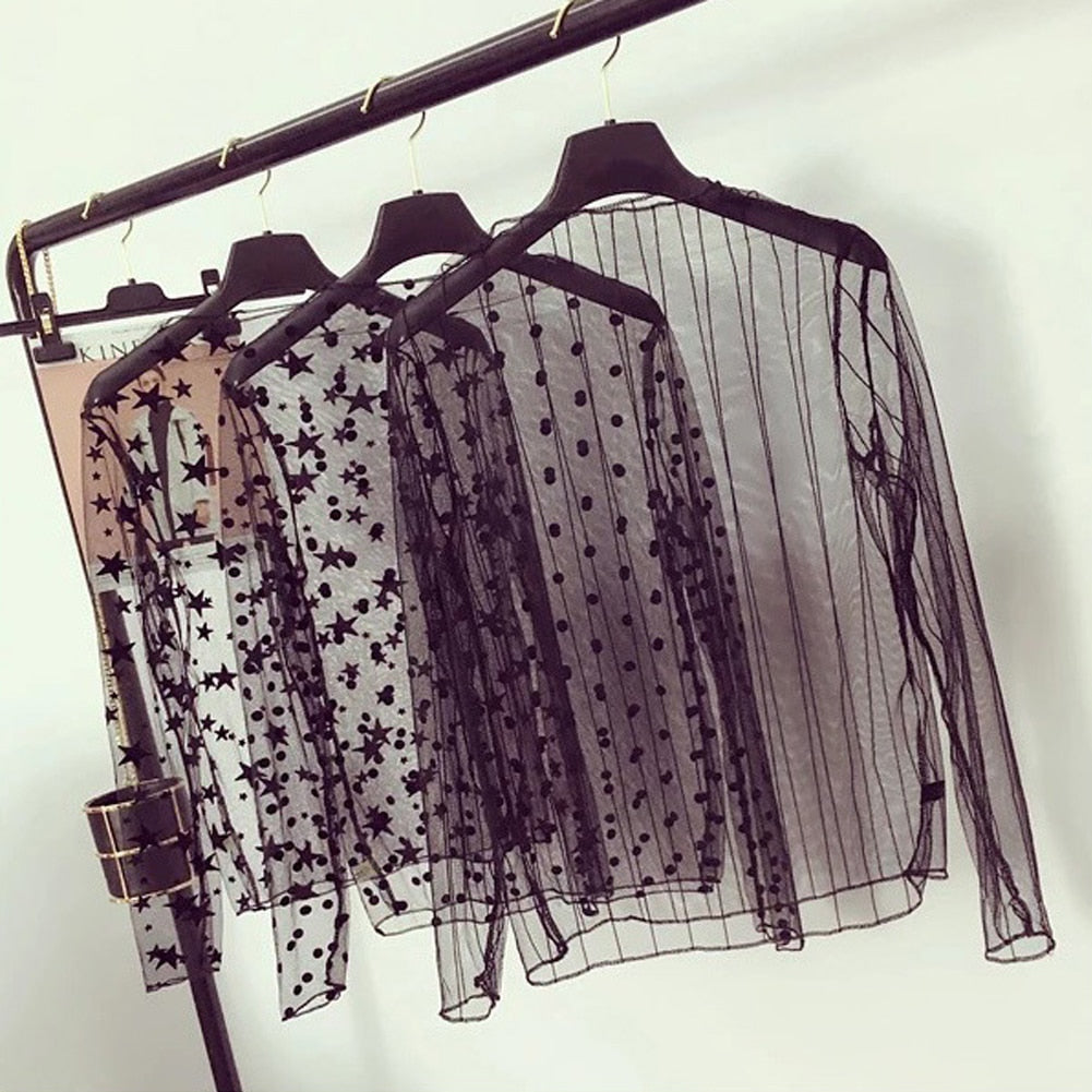 Mesh Sheer T-Shirts Long Sleeve Blouses  Transparent Tops