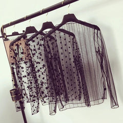 Mesh Sheer T-Shirts Long Sleeve Blouses  Transparent Tops