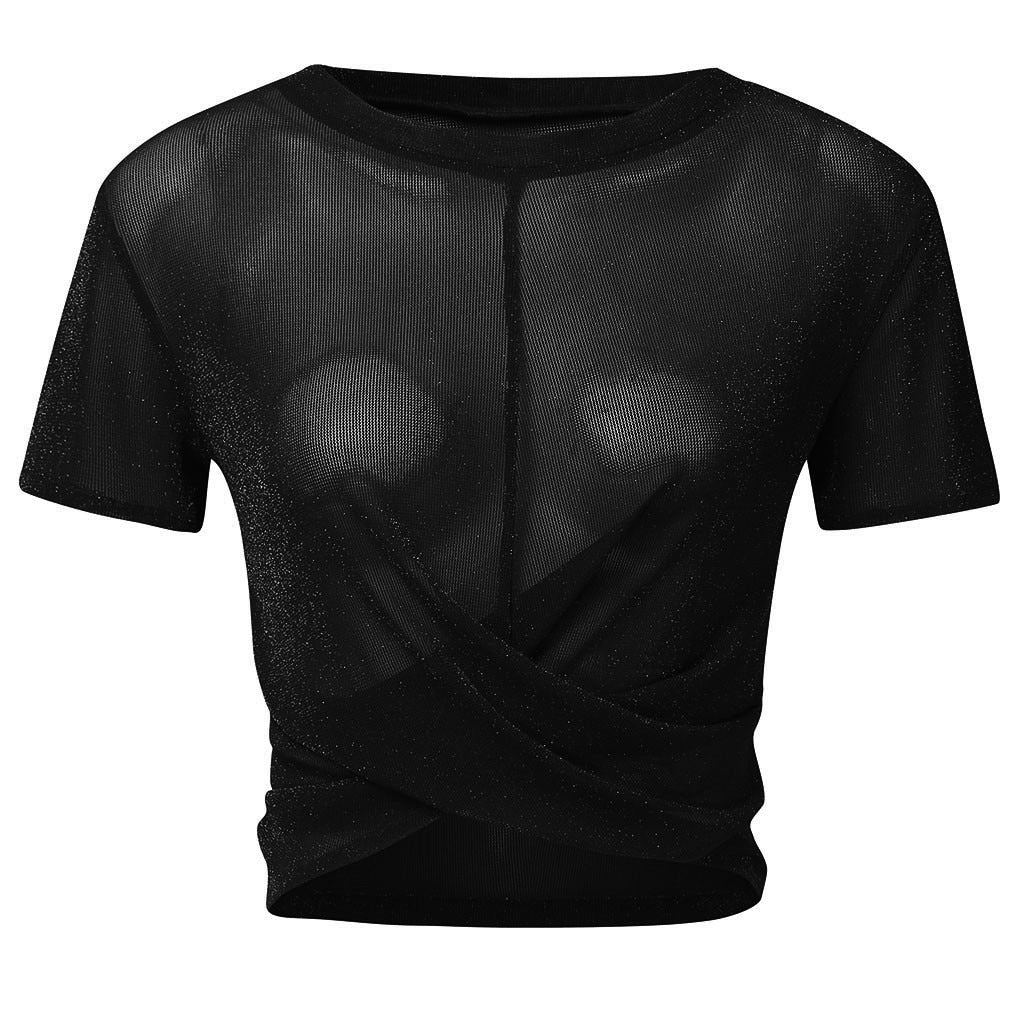 Sexy Mesh Perspective T-Shirt Women Tie Up Short Sleeve O-neck See Through Pullover T-Shirt Solid Slim Short Tee ropa mujer New
