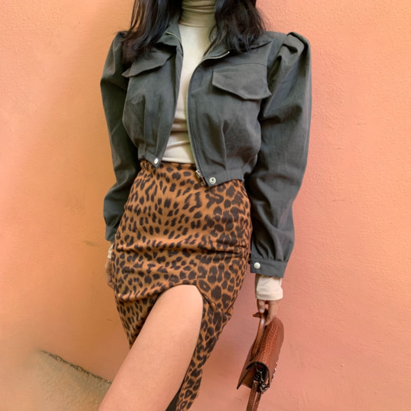 WannaThis Women&#39;s Skirt Slim High Waist Hem Split Package Hip Casual Elegant Leopard Knee-Length Skirt Women Summer Streetwear