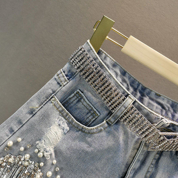 Elegant Shorts Lady Tassel Beading High Waist Wide Leg Denim one-piece