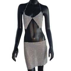 Bling Rhinestones 2 Piece Set Women Halter Tank Top Side Slit Mini Skirt