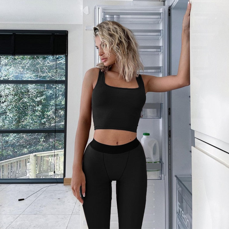 Ribbed Knitted Women 2 Piece Set Gym Crop Tank Top Leggings Set Casual Streetwear Sporty Tracksuit 2021 Summer Active Wear