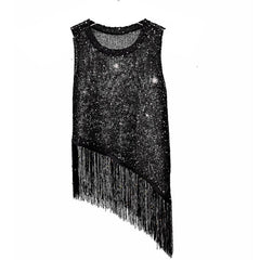 The New Summer Sexy No Rules of Gold Sequins Tassel Vest Outside The Small Condole Wear Sleeveless Knitted Bead Piece