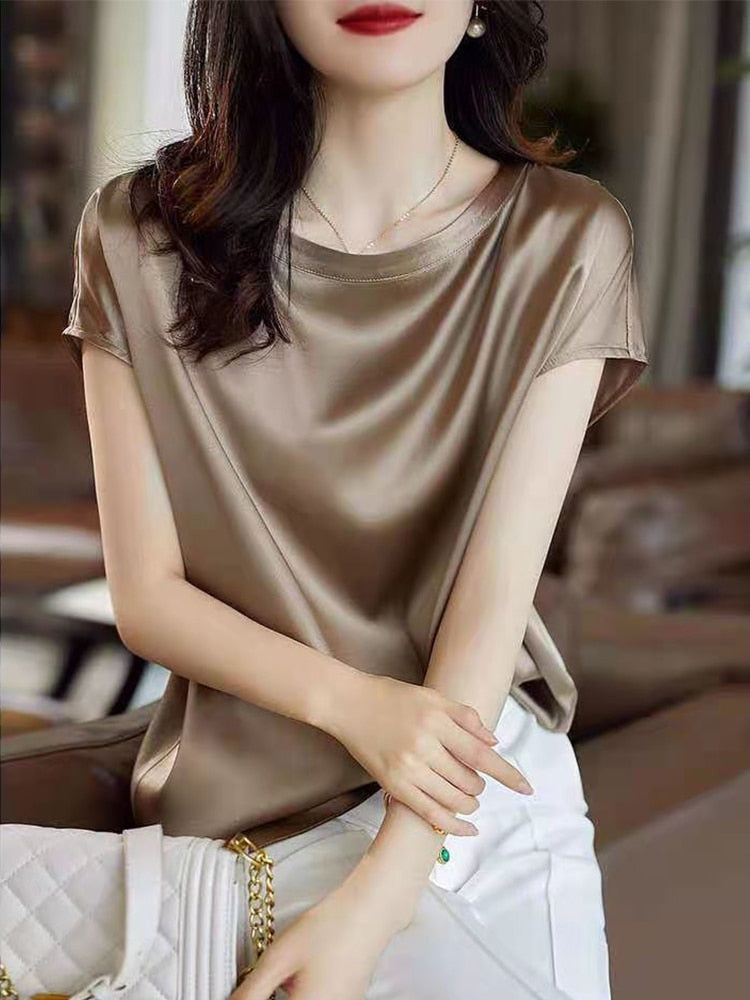 Elara Silky-Look Relaxed Short-Sleeve Top One-piece