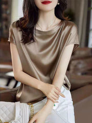 Silk Thin Short Sleeve Tees Elegant Black Brown Tops Solid Loose Casual